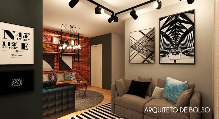 Como decorar uma sala pequena com parede de tijolinho e iuminação estratégica em diferentes pontos