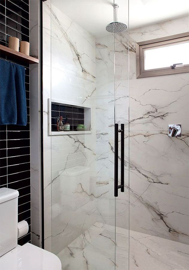 Nicho de porcelanato para banheiro, preto e branco