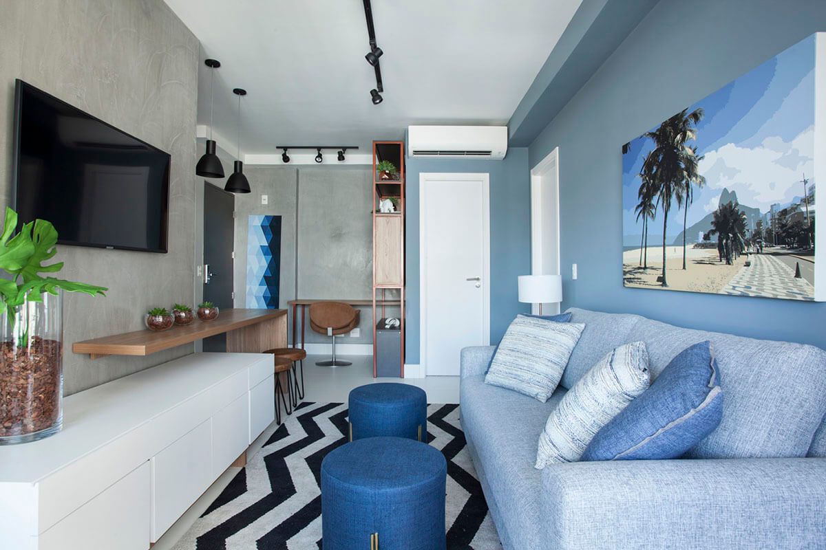 Psicologia das cores, sala com decoração em azul